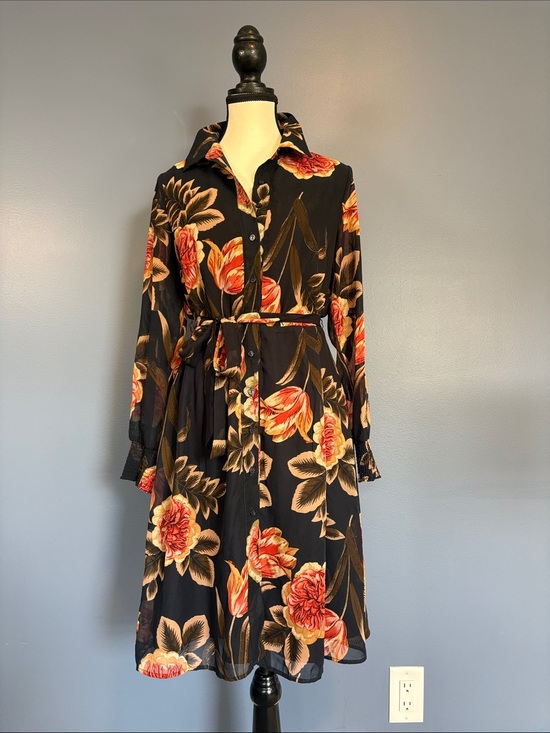 cleo Dresses & Skirts - Cleo Petite Floral Shirt Dress | Size M | Belted Midi Dress | Sheer Sleeves